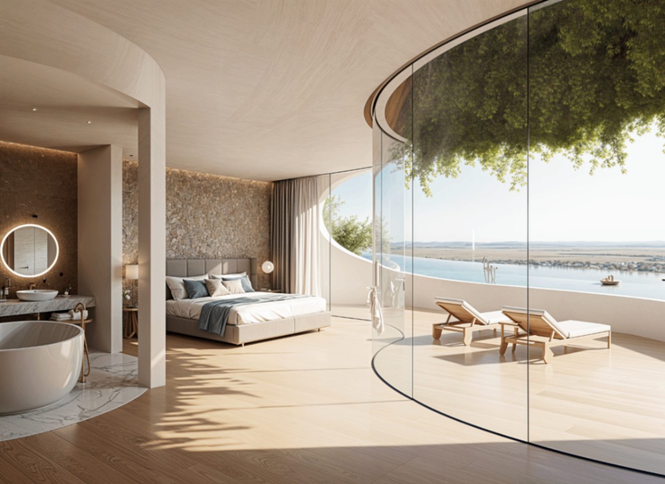 A modern bedroom with a large glass wall offering a view of a water body, featuring a bed, a bathtub, and a seating area.