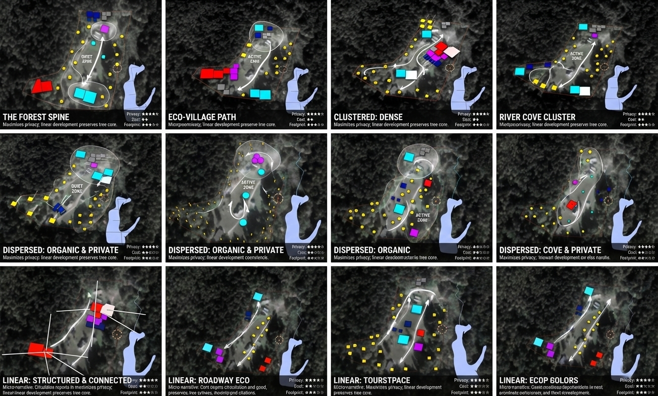 Twelve contour-trail morphotypes studied during the early stage of Террасы — forest spine, eco-village, clusters, dispersed and linear structures. Each responds to one of the five site-reading parameters.
