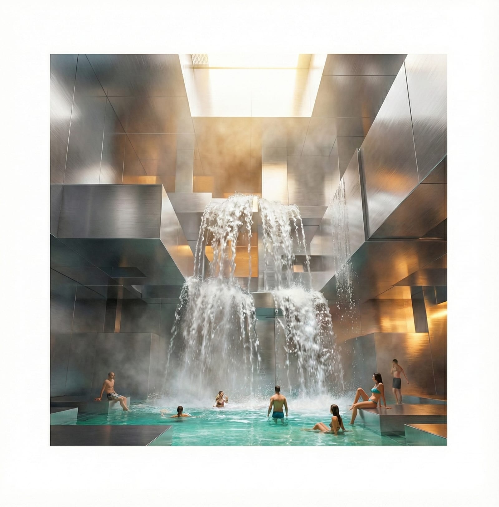 Водопад внутри комнаты, вызванный переливом резервуара: вода падает по отражающему алюминиевому лицу